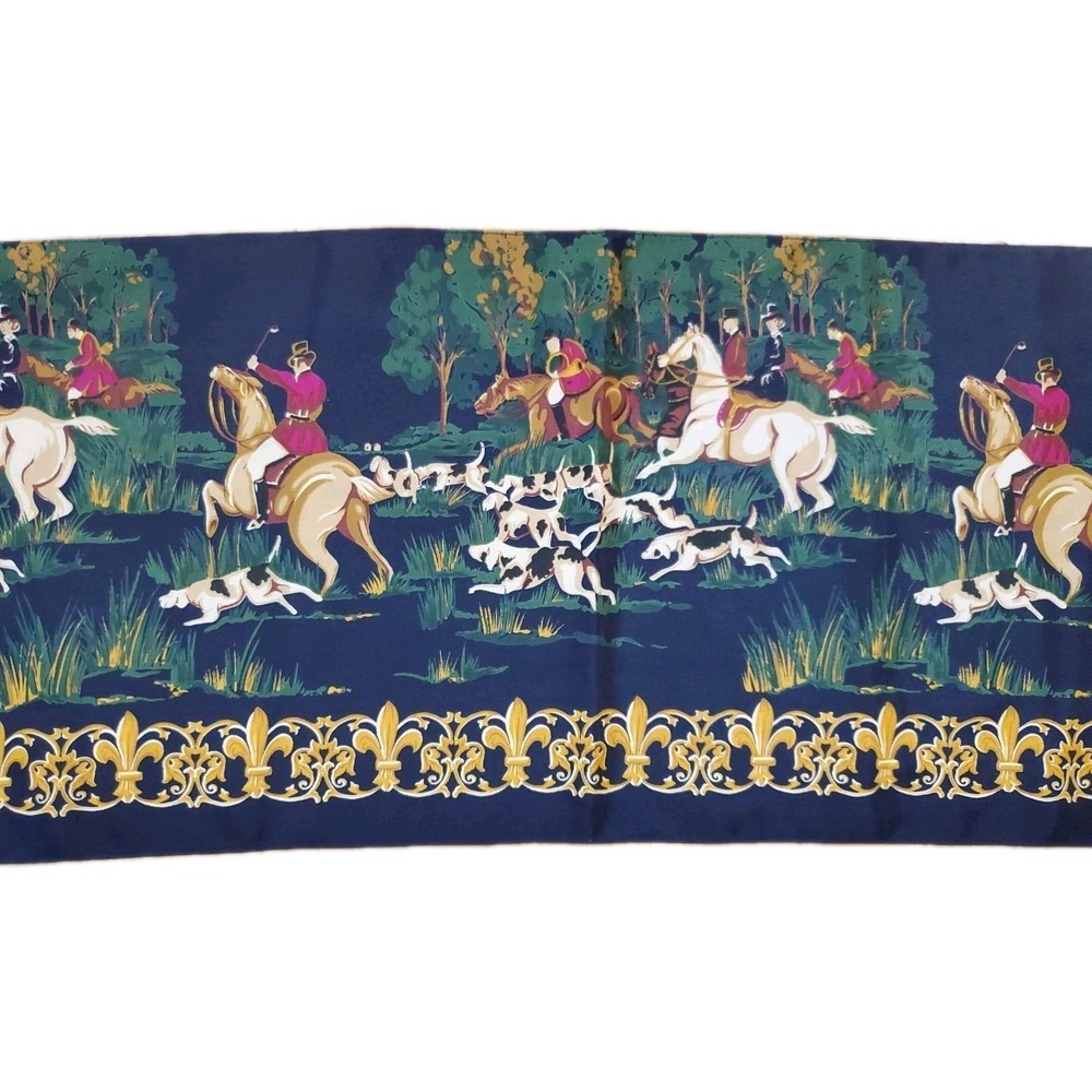 Vtg Scarf Hunt Scene Equestrian English Country Hound Dogs Old Money 57" Long
